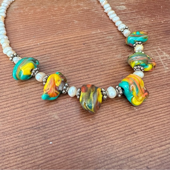 Golden Pearl & Italian Colorful Glass Beads Short Necklace Handmade OOAK - Picture 5 of 15